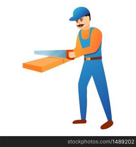 Repairman working with hand saw icon. Cartoon of repairman working with hand saw vector icon for web design isolated on white background. Repairman working with hand saw icon, cartoon style