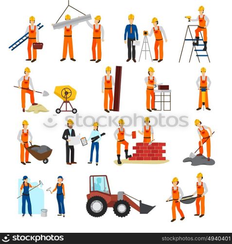 Repairs Construction Builder Set. Flat design repairs construction process builders and equipment set isolated on white background vector illustration