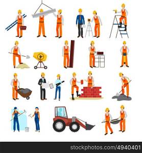 Repairs Construction Builder Set. Flat design repairs construction process builders and equipment set isolated on white background vector illustration