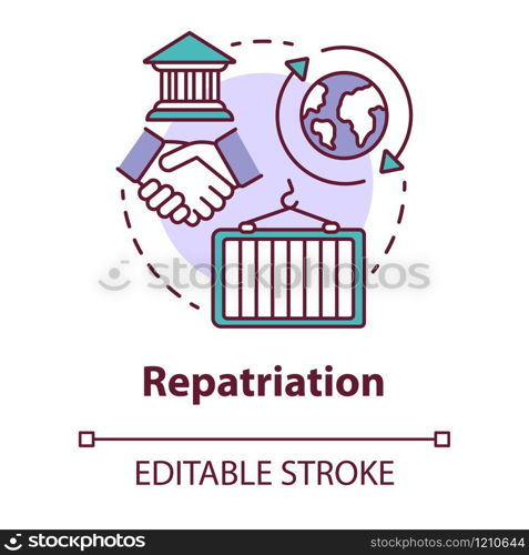 Repatriation concept icon. Return of historical values to country of origin. International agreement trade idea thin line illustration. Vector isolated outline drawing. Editable stroke