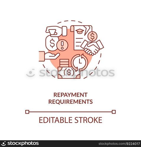 Repayment requirements red concept icon. Tuition assistance. Pay back. Income tax. Tuition reimbursement. Student aid abstract idea thin line illustration. Isolated outline drawing. Editable stroke. Repayment requirements red concept icon