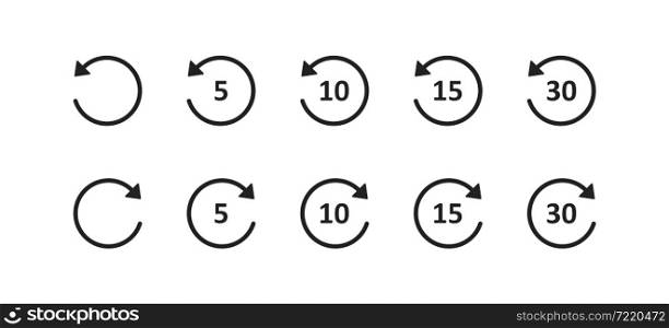 Repeat arrow icon. Reload symbol, 5, 10, 15, 30 second. Reset sign in vector flat style.