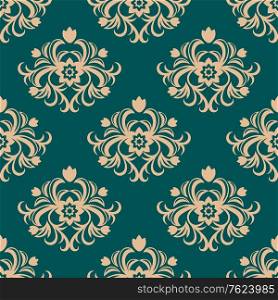 Repeat floral motifs in a seamless vintage arabesque pattern on a green background in square format suitable for damask style fabric and wallpaper. Repeat floral motifs in an arabesque pattern