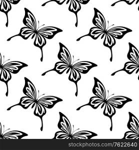 Repeat seamless black and white pattern of butterflies with outspread wings shaped like those of the swallowtail, on a white background