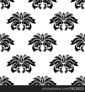 Repeat seamless pattern of foliate arabesques with a leaf motif arranged in rows, black and white silhouette suitable for textile or print