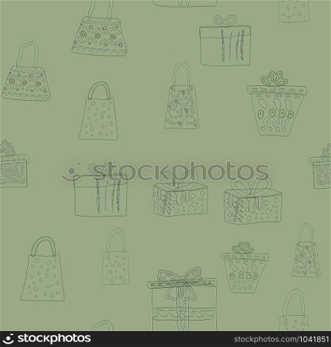 Repeat texture with silhouette bags, boxes, presents seamless pattern on green background. Web, wrapping paper, background fill.. Texture with silhouette bags, boxes, presents seamless pattern on green background
