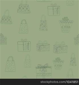Repeat texture with silhouette bags, boxes, presents seamless pattern on green background. Web, wrapping paper, background fill.. Texture with silhouette bags, boxes, presents seamless pattern on green background