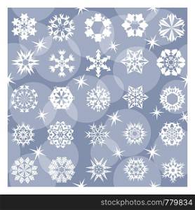 repeating pattern of white snowflakes and stars on a gray background