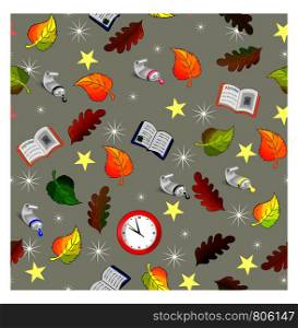 repeating school pattern on a gray background with autumn leaves