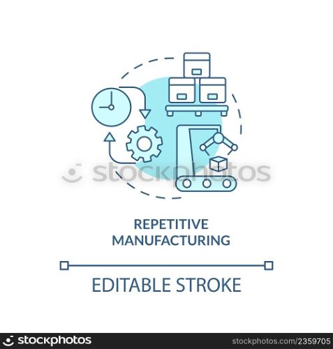 Repetitive manufacturing turquoise concept icon. Type of manufacturing processes abstract idea thin line illustration. Isolated outline drawing. Editable stroke. Arial, Myriad Pro-Bold fonts used. Repetitive manufacturing turquoise concept icon
