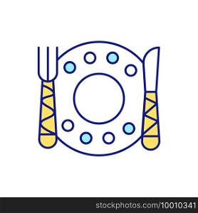 Replacement of dishes from old to new yellow RGB color icon. Freeing up storage space. Cleaning in kitchen. Tidying and decluttering. Tableware service. Isolated vector illustration. Replacement of dishes from old to new yellow RGB color icon