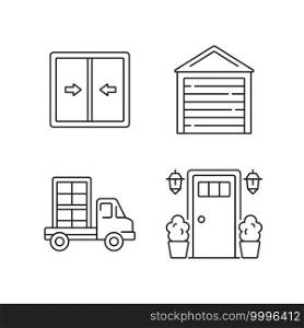 Replacement window opportunity linear icons set. Sliding windows. Garage doors. Entry doors. Customizable thin line contour symbols. Isolated vector outline illustrations. Editable stroke. Replacement window opportunity linear icons set