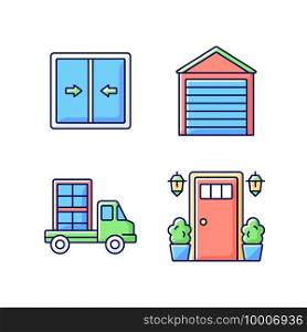 Replacement window opportunity RGB color icons set. Sliding windows. Garage doors. Construction material delivery. Entry doors. Sliding sashes side-to-side. Parking car. Isolated vector illustrations. Replacement window opportunity RGB color icons set