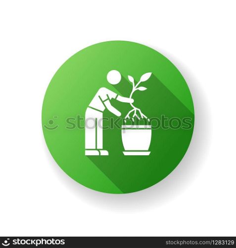 Replanting green flat design long shadow glyph icon. Houseplant caring. Transplanting, repotting. Plant growing. Potting plant, changing planter. Planting seedling. Silhouette RGB color illustration