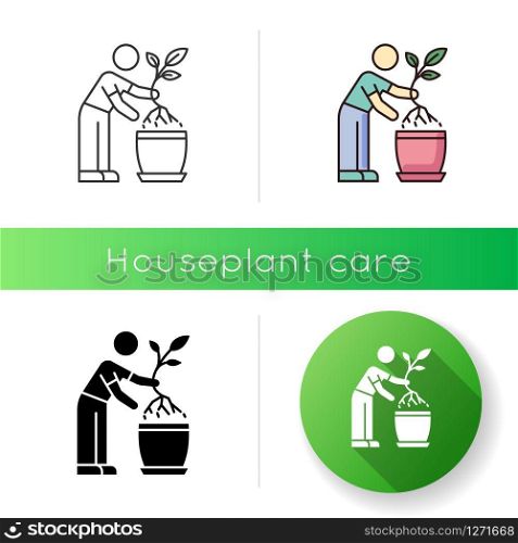 Replanting icon. Houseplant care. Transplanting. Indoor gardening. Plant growing process. Changing planter. Planting seedling. Linear black and RGB color styles. Isolated vector illustrations