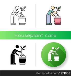 Replanting icon. Houseplant care. Transplanting. Indoor gardening. Plant growing process. Changing planter. Planting seedling. Linear black and RGB color styles. Isolated vector illustrations
