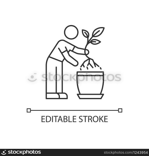 Replanting pixel perfect linear icon. caring. Transplanting, repotting. Changing planter. Thin line customizable illustration. Contour symbol. Vector isolated outline drawing. Editable stroke