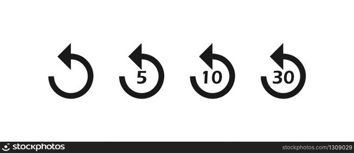 Replay icons set. 5, 10, 30 seconds playback backwards. Vector EPS 10
