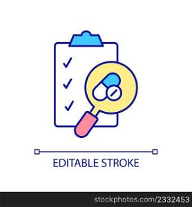 Report about medication tests RGB color icon. Clinical trials providing. Disease cure investigation. Isolated vector illustration. Simple filled line drawing. Editable stroke. Arial font used. Report about medication tests RGB color icon