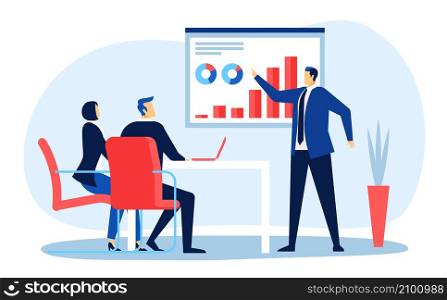 Report business meeting with people and infographic. Vector meeting with business people, illustration of office team work. Report business meeting with people and infographic