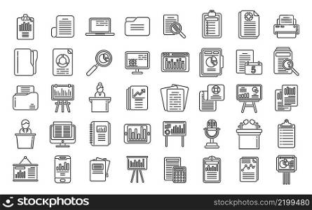 Report icons set outline vector. Performance chart. Data document. Report icons set outline vector. Performance chart