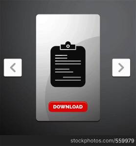 report, medical, paper, checklist, document Glyph Icon in Carousal Pagination Slider Design & Red Download Button. Vector EPS10 Abstract Template background