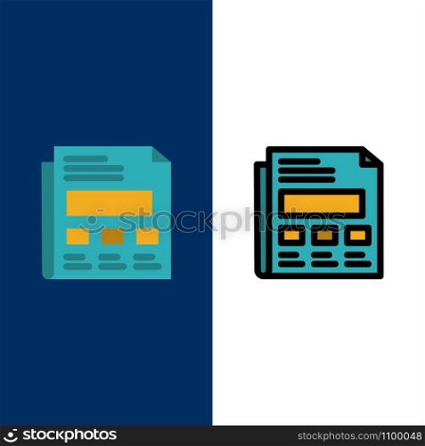 Report, Paper, Sheet, Presentation Icons. Flat and Line Filled Icon Set Vector Blue Background