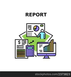Report Sales Vector Icon Concept. Report Sales Presenting And Reporting Manager In Conference Room, Businessman Research Infographic On Computer Screen And Calculating Income Color Illustration. Report Sales Vector Concept Color Illustration