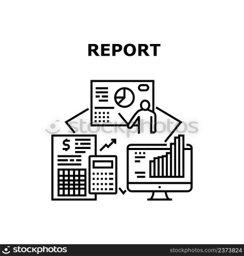 Report Sales Vector Icon Concept. Report Sales Presenting And Reporting Manager In Conference Room, Businessman Research Infographic On Computer Screen And Calculating Income Black Illustration. Report Sales Vector Concept Black Illustration