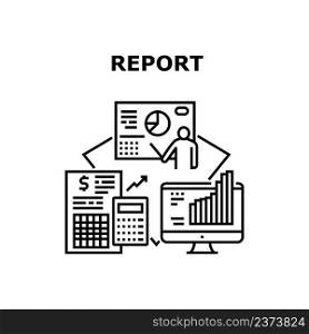 Report Sales Vector Icon Concept. Report Sales Presenting And Reporting Manager In Conference Room, Businessman Research Infographic On Computer Screen And Calculating Income Black Illustration. Report Sales Vector Concept Black Illustration