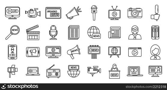 Reportage icons set outline vector. Interview news. Camera tv. Reportage icons set outline vector. Interview news