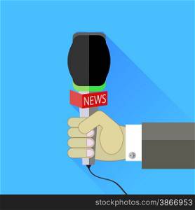 Reporter Holding a Microphone Isolated on Blue Background.. Reporter Holding a Microphone