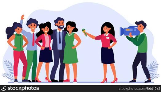 Reporter interviewing celebrities or successful people. Team, journalist, cameraman flat vector illustration. TV show, reportage concept for banner, website design or landing web page