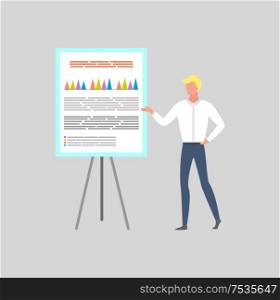 Reporter pointing on graphs and charts presenting report. Businessman analyzing sales and investments of company. Worker planning professional strategy vector. Reporter Points on Graphs Charts Presenting Report