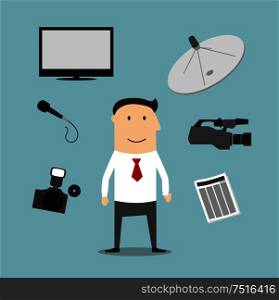 Reporter profession icons and symbols with man surrounded by newspaper and microphone, photo and video cameras, satellite dish antenna and TV. Reporter profession and broadcasting devices