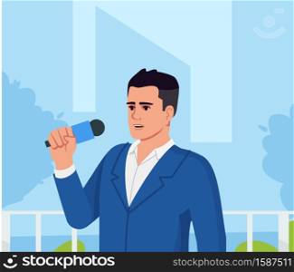 Reporter semi flat vector illustration. Television professional crew member. Man holding microphone. Tv series creation. Hot breaking news reportage 2D cartoon characters for commercial use. Reporter semi flat vector illustration