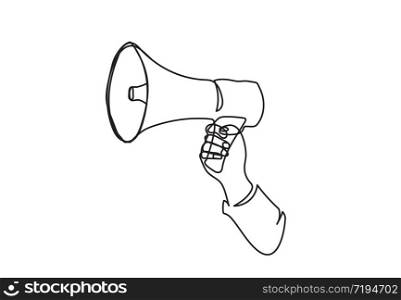 Reporter sign. The loudspeaker is drawn by a single line on a white background. One-line drawing. Continuous line