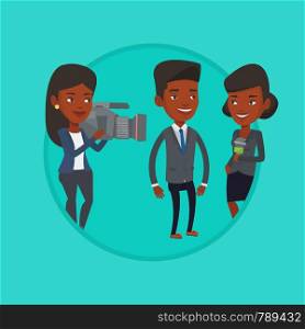 Reporter with microphone interviews a woman. Female operator filming interview. Journalist making interview with business man. Vector flat design illustration in the circle isolated on background.. TV interview vector illustration.