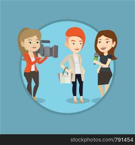 Reporter with microphone interviews a woman. Female operator filming interview. Journalist making interview with businesswoman. Vector flat design illustration in the circle isolated on background.. TV interview vector illustration.