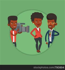 Reporter with microphone interviews a woman. Young operator filming interview. Journalist making interview with businesswoman. Vector flat design illustration in the circle isolated on background.. TV interview vector illustration.