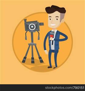Reporter with microphone standing on a background with camera. TV reporter presenting the news. TV transmission with reporter. Vector flat design illustration in the circle isolated on background.. TV reporter with microphone and camera.