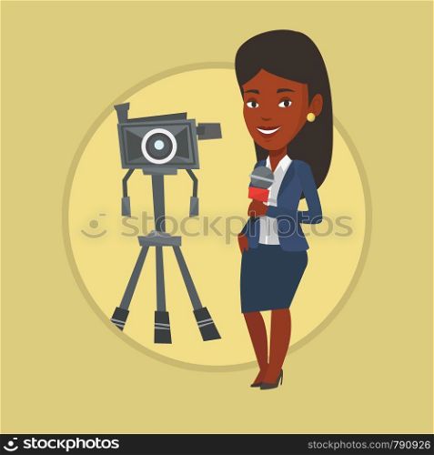 Reporter with microphone standing on the background with camera. TV reporter presenting the news. TV transmission with reporter. Vector flat design illustration in the circle isolated on background.. TV reporter with microphone and camera.