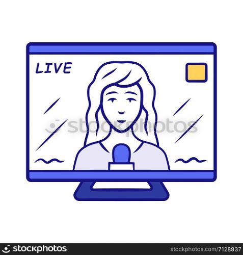 Reporter woman on TV blue color icon. Female journalist reporting breaking news live. Newscast. Newswoman on TV screen. Isolated vector illustration