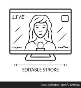 Reporter woman on TV linear icon. Female journalist reporting breaking news live. Newswoman on TV screen. Thin line illustration. Contour symbol. Vector isolated outline drawing. Editable stroke
