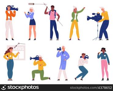 Reporters, journalists, professional photographers and tv broadcast videographers characters. Paparazzi and program news reporters vector illustration set. TV channel workers. Correspondents with mic. Reporters, journalists, professional photographers and tv broadcast videographers characters. Paparazzi and program news reporters vector illustration set. TV channel workers