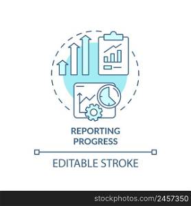 Reporting progress turquoise concept icon. Business analyst responsibility abstract idea thin line illustration. Isolated outline drawing. Editable stroke. Arial, Myriad Pro-Bold fonts used. Reporting progress turquoise concept icon