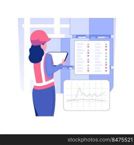 Reports and analytics isolated concept vector illustration. Warehouse manager making report about stock goods with tablet app, wholesale business, foreign trade industry vector concept.. Reports and analytics isolated concept vector illustration.