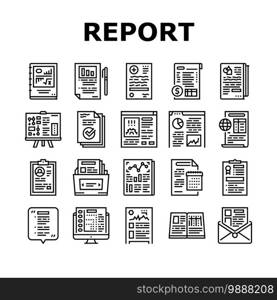 Reports Documentation Collection Icons Set Vector. Scientific And Business, Medical And Financial, Ecology, Technical And Social Reports Black Contour Illustrations. Reports Documentation Collection Icons Set Vector