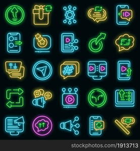 Repost icons set. Outline set of repost vector icons neon color on black. Repost icons set vector neon