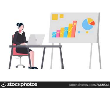 Representation on board vector, graphics and visualized data on whiteboard. Secretary working on computer in office, lady wearing headphones by laptop. Secretary Working in Office, Infographics on Board